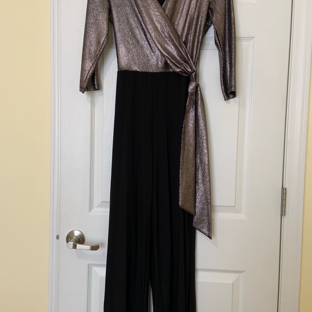 Nina Leonard Shimmering Metallic and Black Jumpsuit